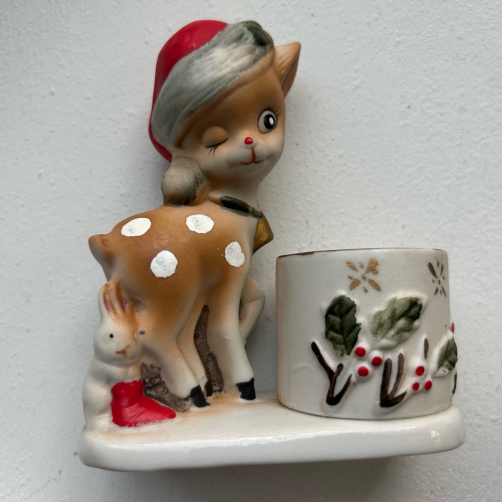 Vintage Jasco ceramic ‘Little Reindeer’ rabbit candle holder Christmas 1978